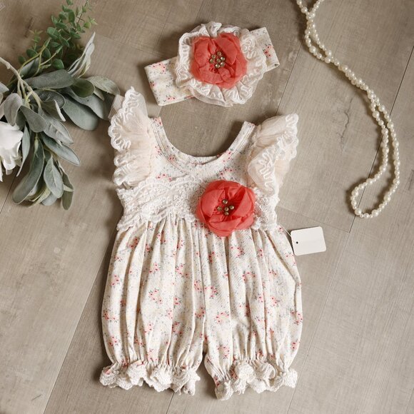 Embroidered Lace Romper AND Headband NWT Couture Boutique Ivory Vintage Floral